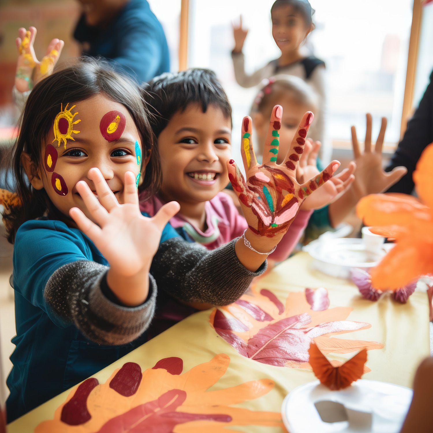 Smiling children showing their paint-covered hands at a craft table