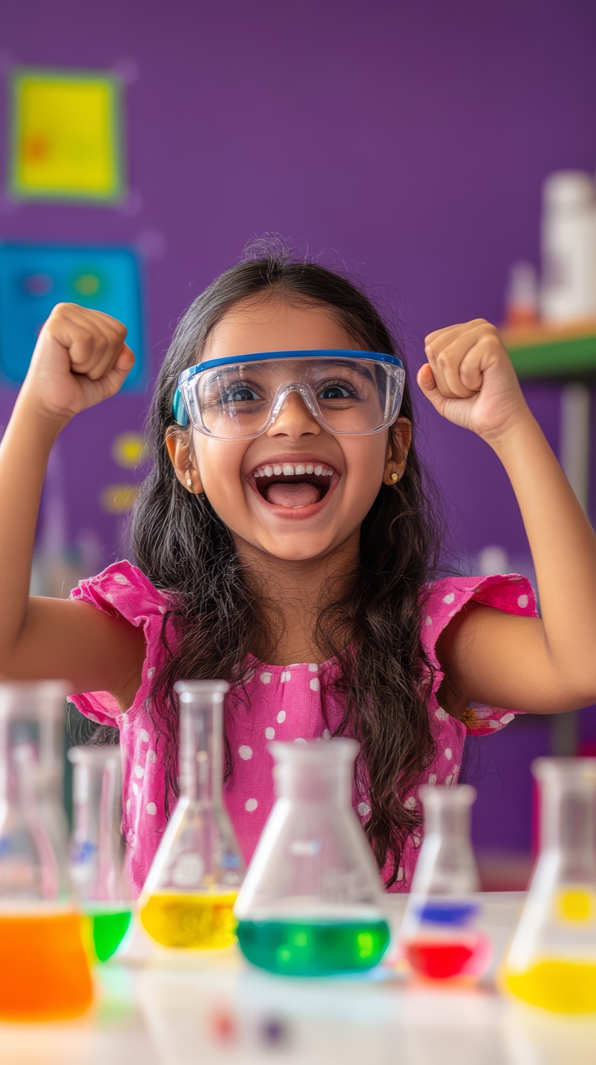 An excited girl in safety goggles at a colourful science bench